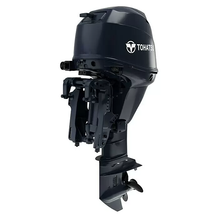 Tohatsu Außenbordmotor MFS 30 DETL - 22,06 kW, Fernsteuerung, Langschaft, Elektrostart - Dunkelblauer Tohatsu Außenbordmotor mit sichtbarem Propeller und Montagehalterung.