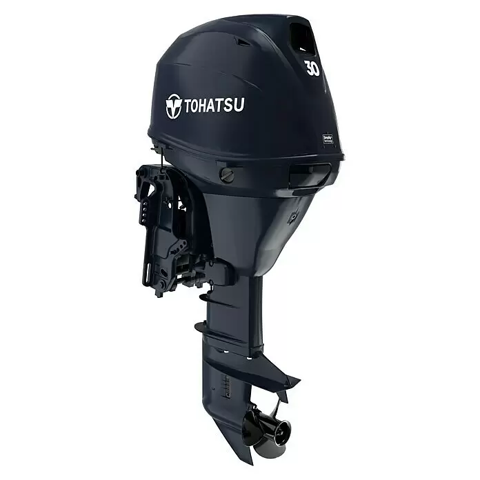 Tohatsu Außenbordmotor MFS 30 DETL - 22,06 kW, Fernsteuerung, Langschaft, Elektrostart - Dunkelblauer Tohatsu 30 Außenbordmotor mit Propeller.