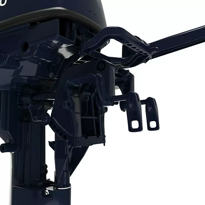 Tohatsu Außenbordmotor MFS 9.8 BS - 7,2 kW, Pinnensteuerung, Kurzschaft, Seilzug - Nahaufnahme einer dunkelblauen, glänzenden Außenborder-Heckhalterung mit Einstell- und Montagekomponenten.