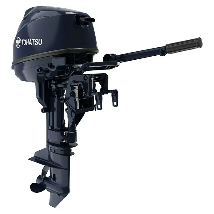 Tohatsu Außenbordmotor MFS 9.8 BS - 7,2 kW, Pinnensteuerung, Kurzschaft, Seilzug - Ein detailreiches Bild eines dunkelblauen Tohatsu Außenbordmotors, der für Boote konzipiert ist und eine hohe Leistung bietet.