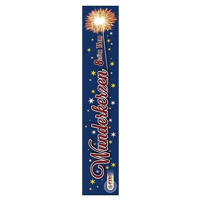 Christbaumkerze Wunderkerzen - 8 Stk., Länge: 15 cm - Dunkelblaue Verpackung für 8 Wunderkerzen (15cm lang), mit einer Grafik einer brennenden Wunderkerze und verstreuten Sternen.