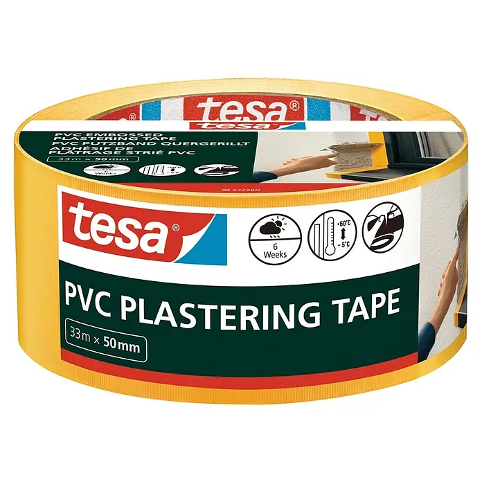 Tesa Putzband PVC - Gelb, L x B: 33 m x 50 mm, Von Hand einreißbar - Abbildung einer Rolle Tesa PVC Putzband, ideal zum Abdecken beim Verputzen.