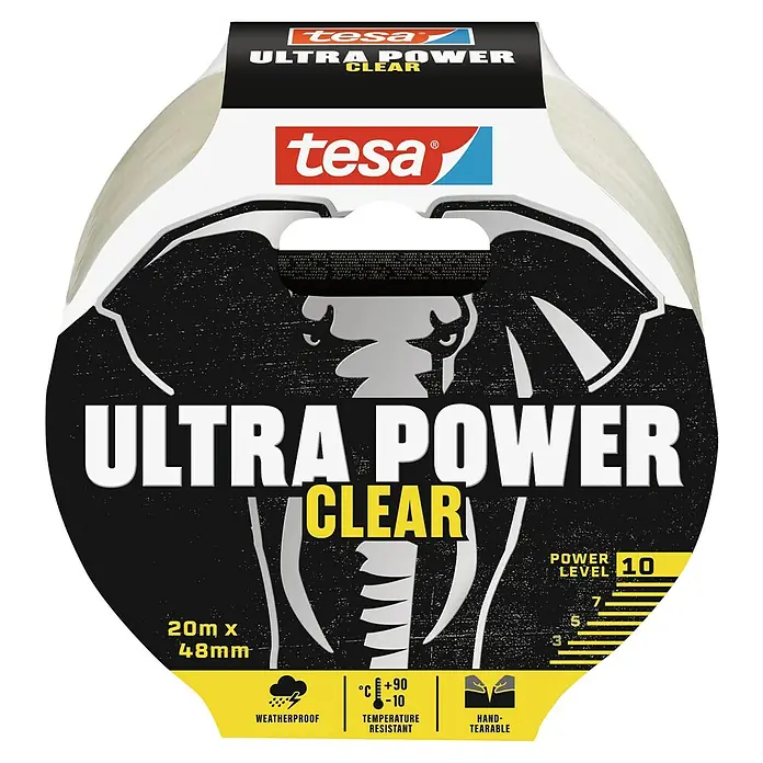 Tesa Ultra Power Reparaturklebeband Clear - Transparent, 20 m x 50 mm - Bild von Tesa Ultra Power Clear Klebeband, wetterfest, temperaturbeständig und handreißbar. Starkes, transparentes Klebeband für vielfältige Anwendungen.