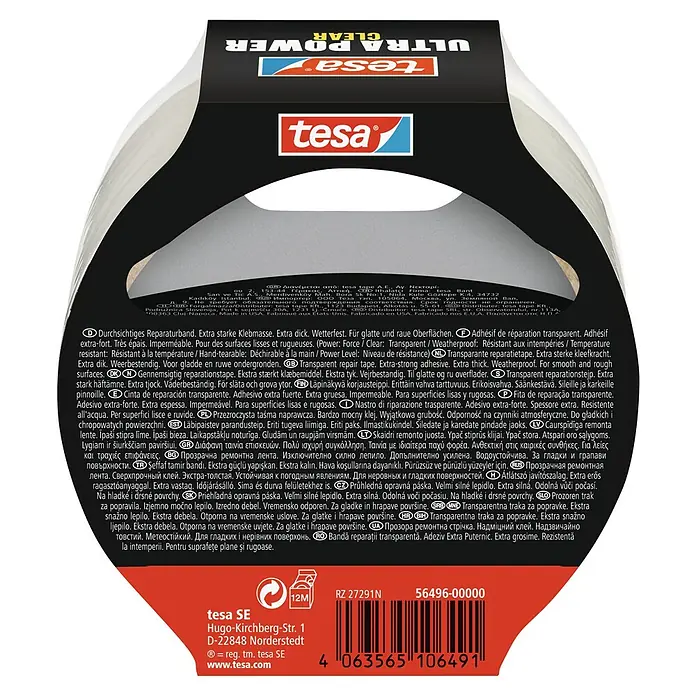 Tesa Ultra Power Reparaturklebeband Clear - Transparent, 10 m x 50 mm - Abbildung des Tesa Ultra Power Clear Reparatur-Klebebands, transparent und extra stark für glatte und raue Oberflächen.