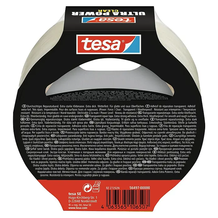 Tesa Ultra Power Reparaturklebeband Clear - Transparent, 20 m x 50 mm - Produktbild von Tesa Ultra Power Clear Reparatur-Klebeband, transparent, extra stark, für glatte und raue Oberflächen.