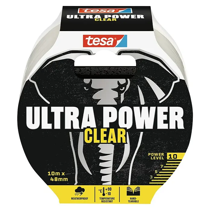 Tesa Ultra Power Reparaturklebeband Clear - Transparent, 10 m x 50 mm - Das Tesa Ultra Power Clear Klebeband ist wetterfest, temperaturbeständig und von Hand abreißbar. Es hat eine Länge von 10m und eine Breite von 48mm.