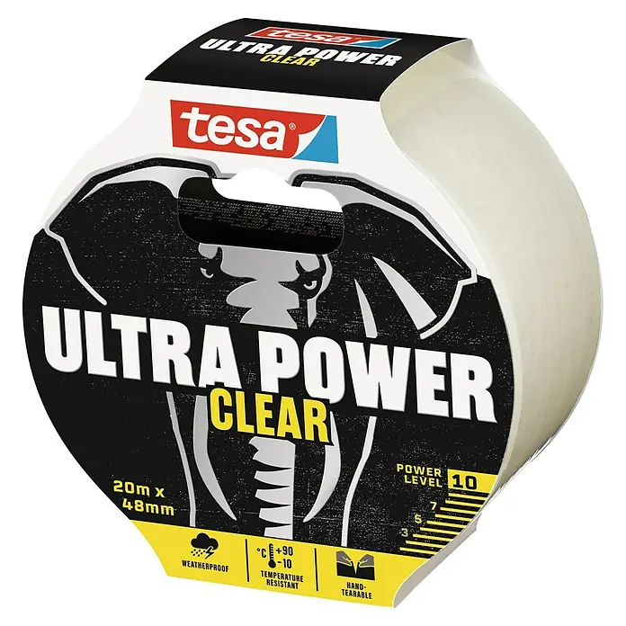 Tesa Ultra Power Reparaturklebeband Clear - Transparent, 20 m x 50 mm - Nahaufnahme einer Rolle Tesa Ultra Power Clear Klebeband, die eine starke Klebkraft und vielseitige Anwendung verspricht.