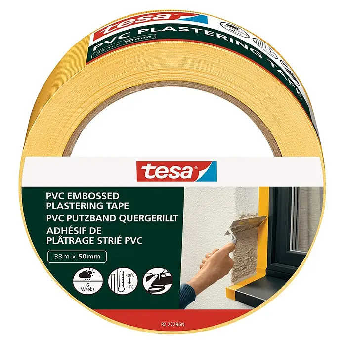 Tesa Putzband PVC - Gelb, L x B: 33 m x 50 mm, Von Hand einreißbar - Abbildung einer Rolle Tesa PVC Putzband, ideal zum Abdecken und Schutz beim Verputzen und für saubere Kanten.
