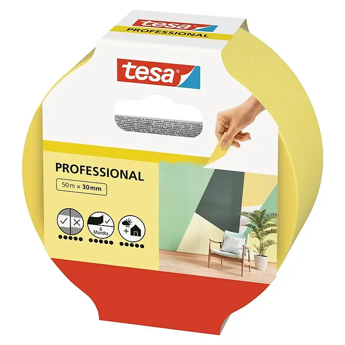 Tesa Malerband Professional - 50 m x 30 mm - Abbildung der Tesa Professional Malerkrepp-Abdeckbandrolle, 50 m x 30 mm, mit Abbildungen zur Anwendung und Eigenschaften.