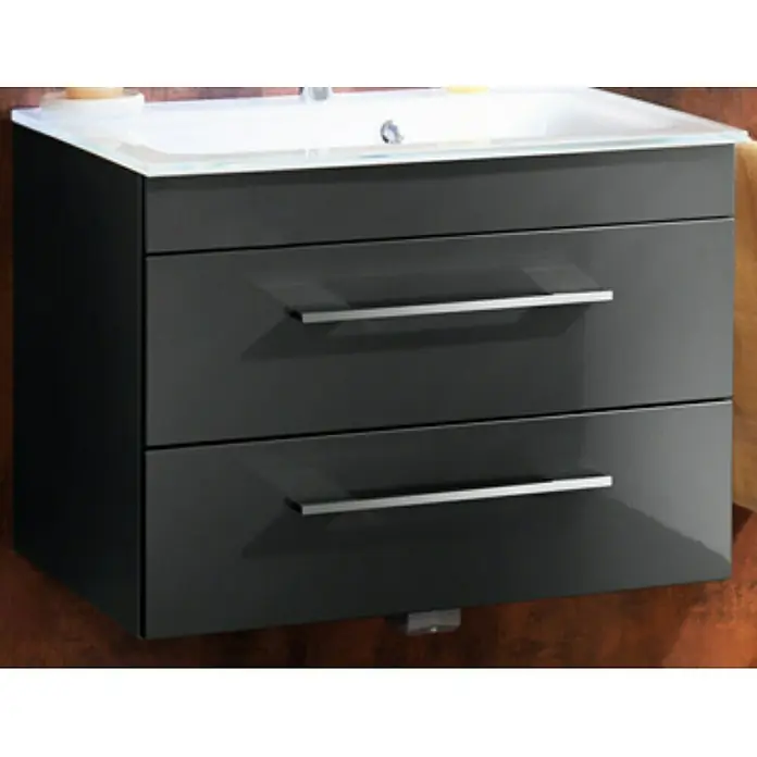 Camargue Stella Waschtischunterschrank - 79,4 x 48,8 x 55 cm, Mit Beleuchtung, Grafit - Modernes graues Waschbeckenunterschrank mit zwei Schubladen und silbernen Griffen.