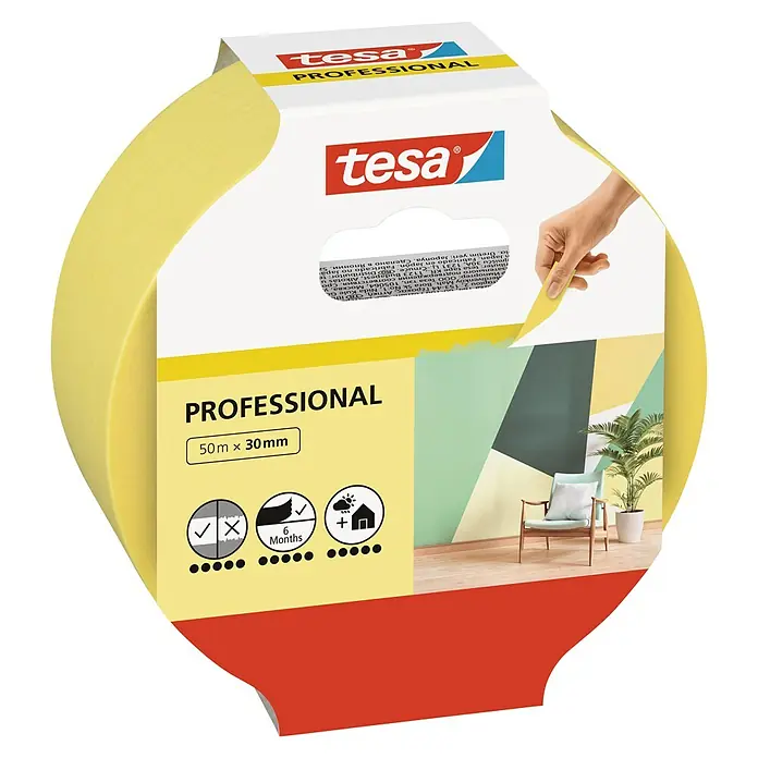 Tesa Malerband Professional - 50 m x 30 mm - Abbildung einer Tesa Professional Abdeckbandrolle mit gelbem Band und einer Verpackung mit Produktinformationen und Anwendungsbeispielen.