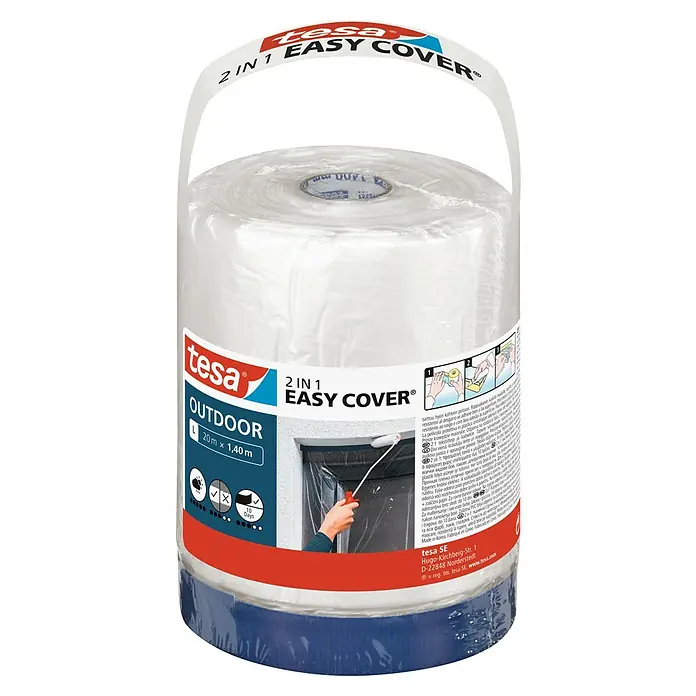 Tesa Abdeckfolie Easy Cover Outdoor - L x B: 20 m x 140 cm - Die Tesa 2-in-1 Easy Cover Outdoor-Folie: Abdeckfolie und Klebeband in einem, ideal für Renovierungsarbeiten im Außenbereich.