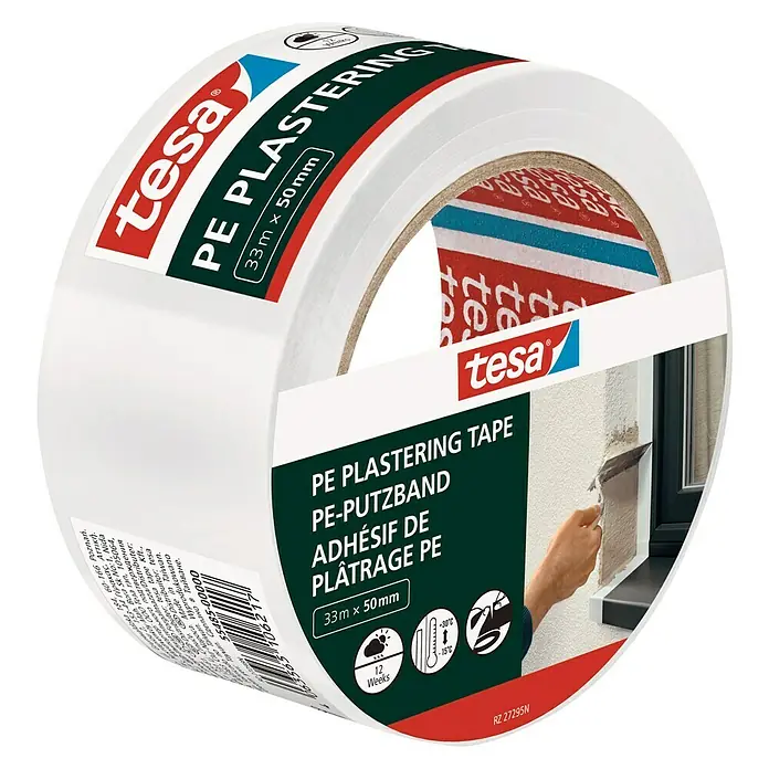 Tesa Putzband PE - Weiß, L x B: 33 m x 5 cm, Von Hand einreißbar - Tesa PE Putzband Rolle, 33m x 50mm, für saubere Putzarbeiten. Zuverlässiger Schutz für sensible Oberflächen.
