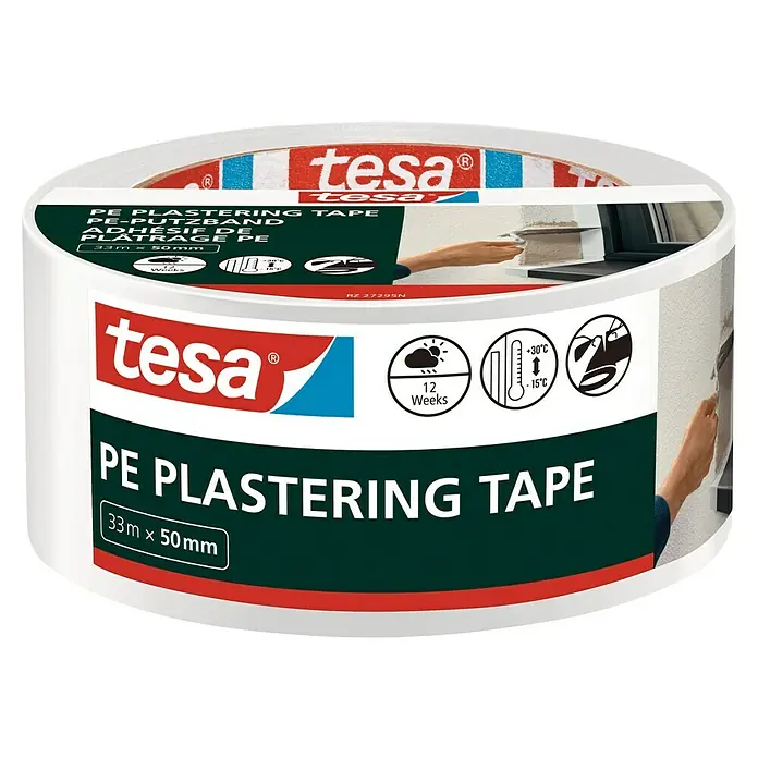 Tesa Putzband PE - Weiß, L x B: 33 m x 5 cm, Von Hand einreißbar - Tesa PE Putzband: Zuverlässiger Schutz für saubere Übergänge bei Maler- und Putzarbeiten. Einfach anzubringen und rückstandslos entfernbar.