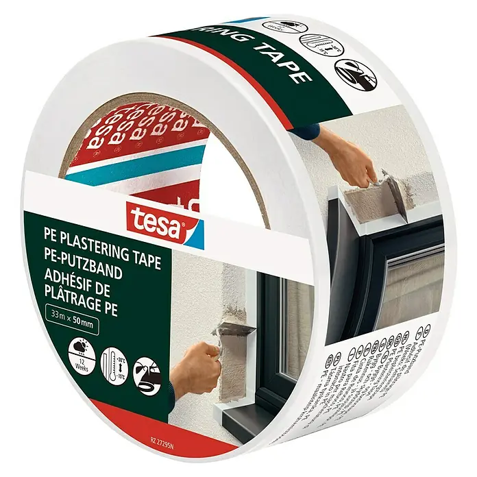 Tesa Putzband PE - Weiß, L x B: 33 m x 5 cm, Von Hand einreißbar - Tesa PE Putzband: Zuverlässiges Abdeckband für saubere Putzarbeiten im Innen- und Außenbereich. Schützt Fensterrahmen und andere Oberflächen effektiv.
