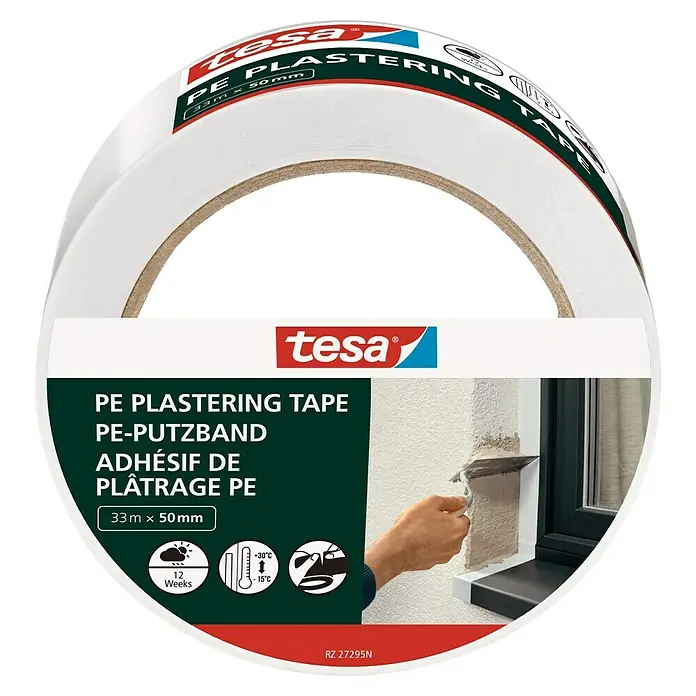 Tesa Putzband PE - Weiß, L x B: 33 m x 5 cm, Von Hand einreißbar - Tesa PE Putzband: Eine Rolle hochwertiges, weißes Putzband von Tesa, ideal für saubere und präzise Putzarbeiten im Innenbereich.