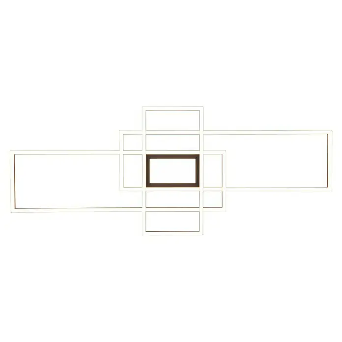 Trio Leuchten LED-Deckenleuchte Irvine - 60 W, L x B x H: 42 x 105 x 42 cm, Messing matt, Mehrfarbig - Abstrakte Darstellung eines modernen LED-Deckenelements mit rechteckigen Rahmen, die ein helles, geometrisches Muster auf schwarzem Grund bilden.
