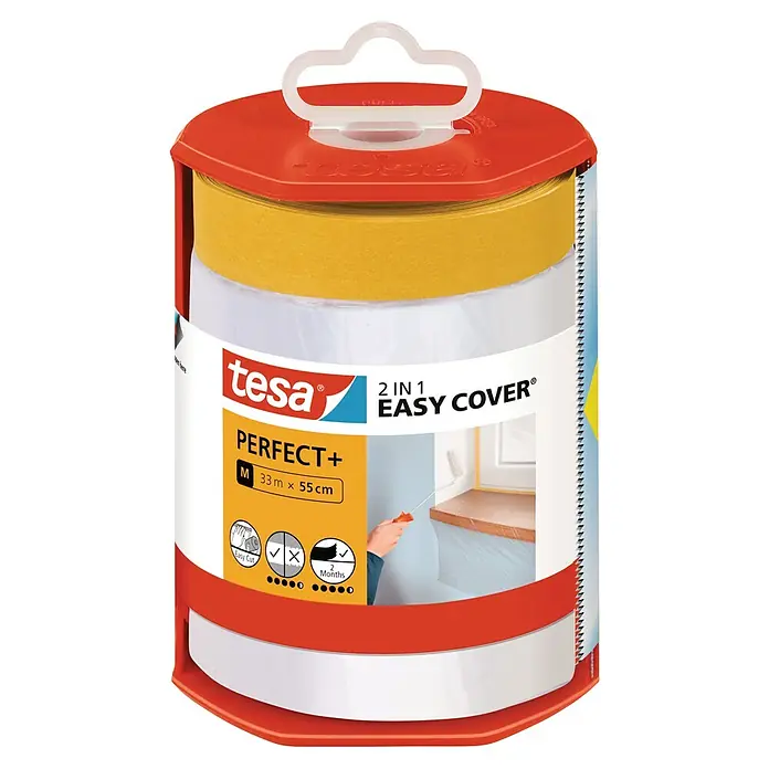 Tesa Abdeckfolie Easy Cover Perfect+ im Spender - L x B: 33 m x 55 cm - Tesa Easy Cover: 2-in-1 Abdeckfolie mit Klebeband "Perfect+", Größe M (33m x 55cm), ideal zum Abdecken und Schützen beim Malen und Renovieren.