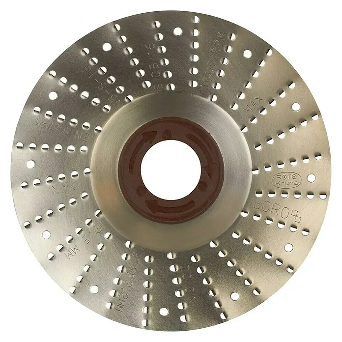 Roto Kruna Rotoraspel - 125 mm, Grob - Nahaufnahme einer Metallscheibe mit Löchern und Beschriftungen.