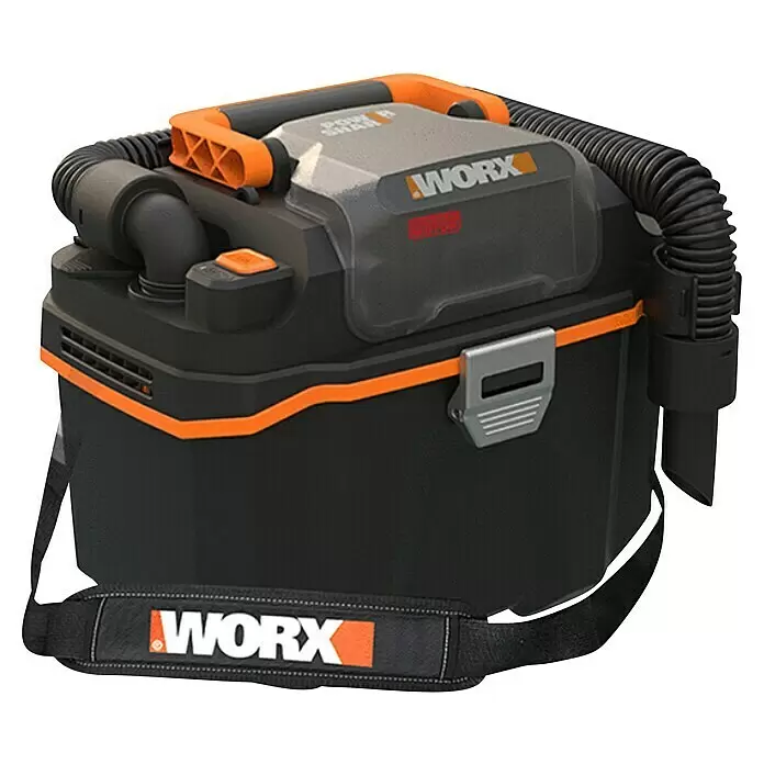 Worx PowerShare 20V Akku-Nass-Trockensauger WX031.9 - 20 V, Ohne Akku, Behältervolumen: 8 l - WORX tragbarer Nass-/Trockensauger in Schwarz-Orange mit flexiblem Schlauch und Schultergurt.