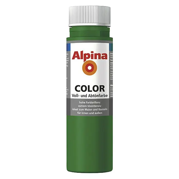 Alpina Vollton- & Abtönfarbe Color - Jungle Green, Matt, 250 ml, Lösemittelfrei - Grünes Alpina Color Voll- und Abtönfarbe-Flasche. Ideal zum Malen und Basteln für Innen und Außen. Hohe Farbbrillanz und extrem tönintensiv.