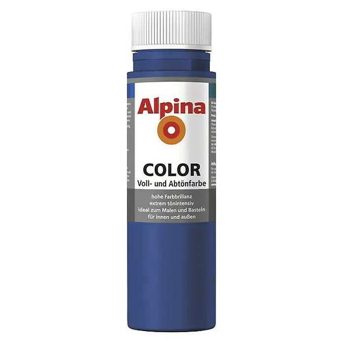 Alpina Vollton- & Abtönfarbe Color - Mystery Blue, Matt, 750 ml, Lösemittelfrei - Eine Flasche Alpina Color Voll- und Abtönfarbe in intensivem Blau, ideal zum Malen und Basteln im Innen- und Außenbereich.