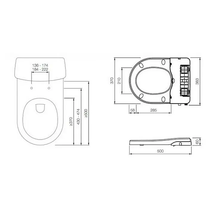 Dusch-WC-Sitz NB14 - Kunststoff, Weiß, Mit Absenkautomatik - Technische Zeichnung einer Toilette mit Bidetfunktion, Abmessungen und Details für Installation und Design.