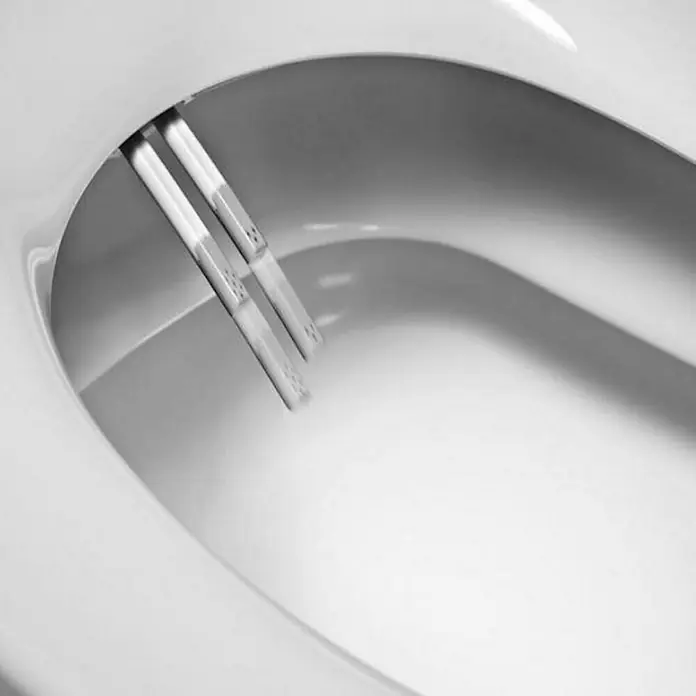 Dusch-WC-Sitz NB14 - Kunststoff, Weiß, Mit Absenkautomatik - Detailaufnahme einer weißen Toilette mit Bidetfunktion, die zwei Düsen zeigt.