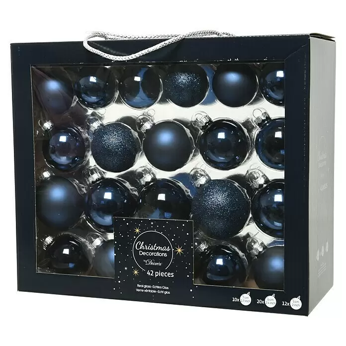 Decoris Christbaumkugel-Mix - Nachtblau, Durchmesser: 7 cm, Glas, 42 Stk. - Schachtel mit 42 dunkelblauen Weihnachtsbaumkugeln in matt, glänzend und Glitzer. Aus echtem Glas, 7, 6 und 5 cm.