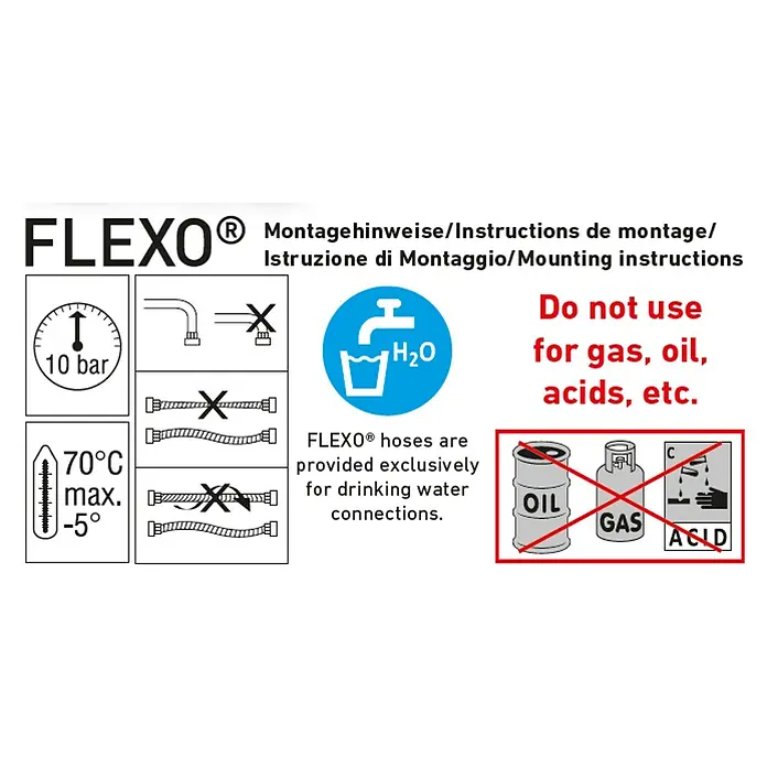 Flexo Anschlussschlauch - ½″/½″, Länge: 100 cm - Bild einer FLEXO®-Montageanleitung mit Angaben zu Druck, Temperatur und Verwendung nur für Trinkwasser.