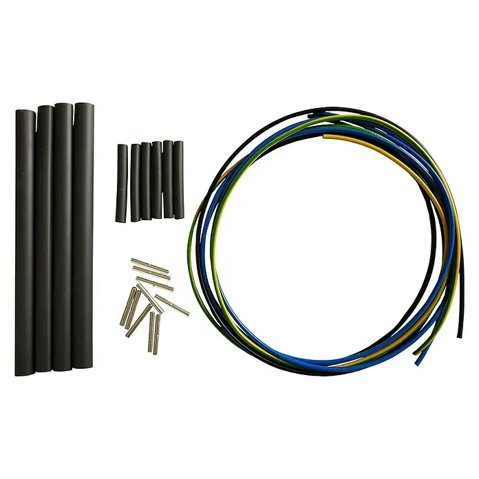 Admiral E-Power Reparatur-Set - Geeignet für: E-Power Fußbodenheizung - Das Bild zeigt ein Set aus Kabeln in verschiedenen Farben, schwarzen Schrumpfschläuchen und Metallverbindern, ideal für Elektronikprojekte.
