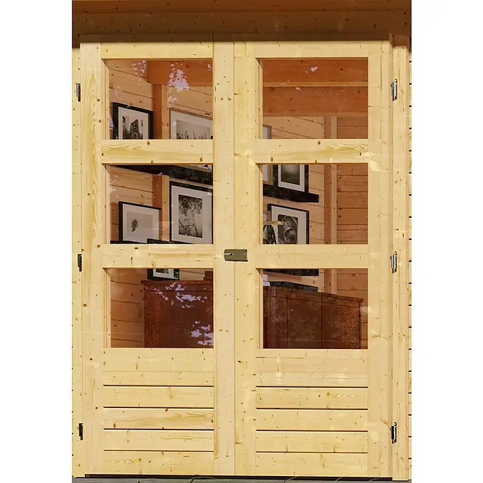 Karibu Gartenhaus Askola 5 - Außenmaß inkl. Dachüberstand (B x T): 591,5 x 262 cm, Holz, Natur, Mit Seitendach, Rück- und Seitenwand - Naheaufnahme einer Holztür mit rechteckigen Glaspaneelen, die Einblicke in ein Zimmer mit Möbeln und Dekorationen bietet.