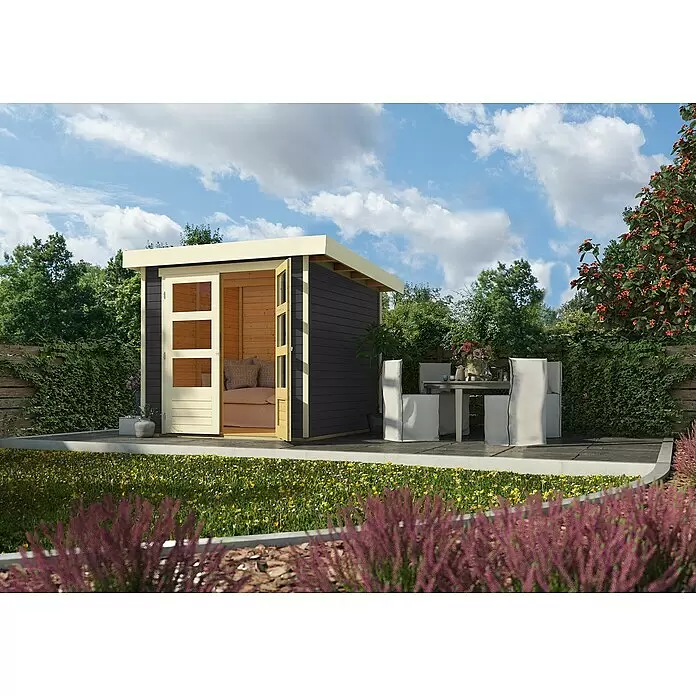 Karibu Gartenhaus Askola - Außenmaß inkl. Dachüberstand (B x T): 242 x 238 cm, Holz, Terragrau - Modernes dunkelgraues Gartenhaus mit heller Verkleidung und offenen Türen, das eine Innensitzgelegenheit zeigt, auf einer Terrasse mit Gartenmöbeln.