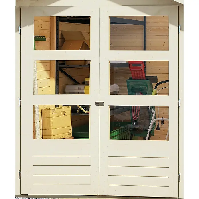 Karibu Gartenhaus Askola - Außenmaß inkl. Dachüberstand (B x T): 242 x 238 cm, Holz, Terragrau - Eine Nahaufnahme einer Holztür, die zu einem Schuppen führt, mit sechs rechteckigen Fenstern, die den Inhalt zeigen.