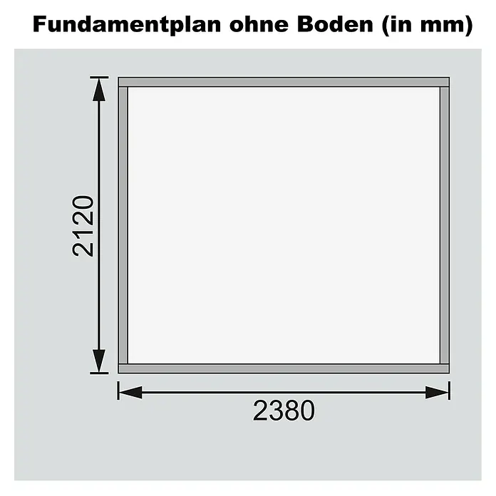 Karibu Gartenhaus Askola - Außenmaß inkl. Dachüberstand (B x T): 266 x 238 cm, Holz, Terragrau - Fundamentplan ohne Boden mit den Maßen 2120 mm x 2380 mm. Die Darstellung zeigt die rechteckige Grundfläche für ein Bauprojekt.
