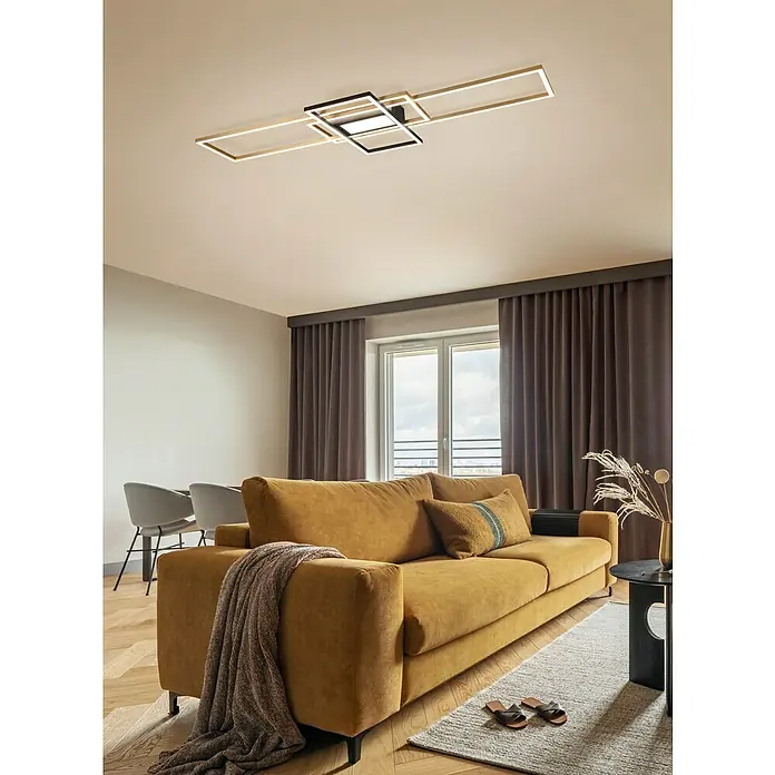 Trio Leuchten LED-Deckenleuchte Irvine - 60 W, L x B x H: 42 x 105 x 42 cm, Messing matt, Mehrfarbig - Moderne Wohnzimmerleuchte mit rechteckigem Design in Gold und Schwarz, die Eleganz und Funktionalität vereint.