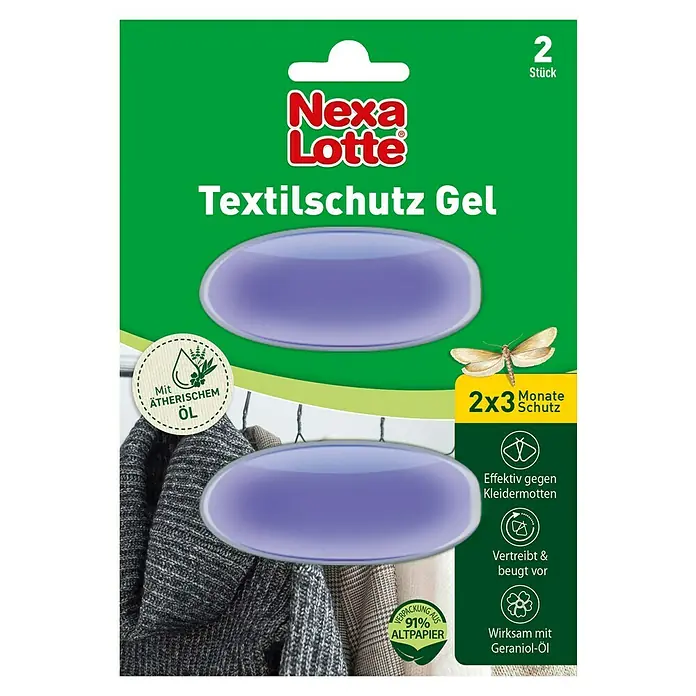 Nexa Lotte Mottenschutz Gel - 2 Stk. - Nexa Lotte Textilschutz Gel: Schützt Kleidung mit ätherischen Ölen und Geraniol-Öl. Die Verpackung besteht aus 91% Altpapier.