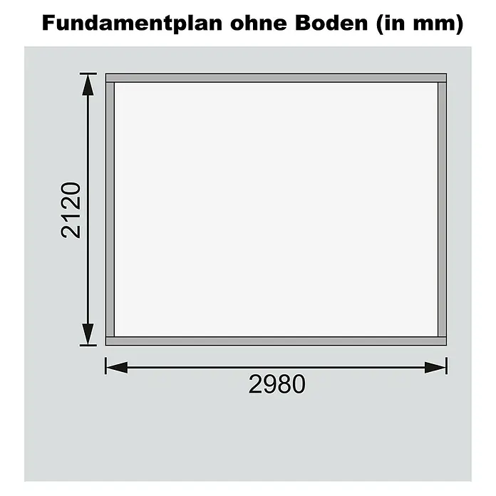 Karibu Gartenhaus Askola - Außenmaß inkl. Dachüberstand (B x T): 330 x 238 cm, Holz, Natur - Fundamentplan ohne Boden. Die Maße des Fundaments betragen 2980 mm in der Breite und 2120 mm in der Höhe, angegeben in Millimetern.