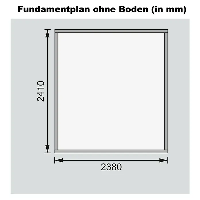 Karibu Gartenhaus Askola - Außenmaß inkl. Dachüberstand (B x T): 266 x 262 cm, Holz, Natur - Fundamentplan ohne Boden (in mm) mit den Maßen 2410 mm in der Höhe und 2380 mm in der Breite für die Planung Ihres Projekts.