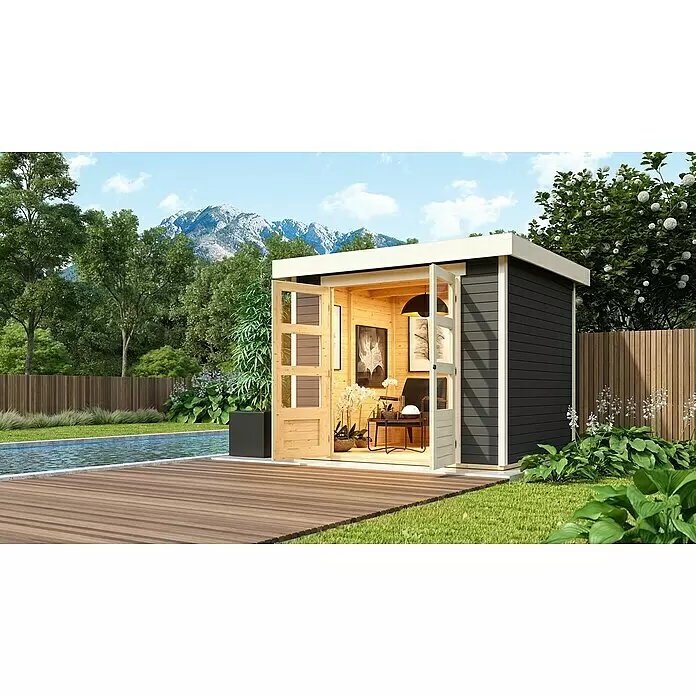Karibu Gartenhaus Askola - Außenmaß inkl. Dachüberstand (B x T): 266 x 238 cm, Holz, Terragrau - Moderner Gartenraum mit dunkelgrauer Außenverkleidung und heller Holzinneneinrichtung, Türen offen zum Poolbereich.