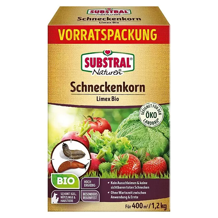 Substral Naturen Schneckenkorn Limex Bio - 1,2 kg - Braune Kartonverpackung von SUBSTRAL Naturen Schneckenkorn Limex Bio, geeignet für 400m² & Öko-Landbau, mit Abbildungen von Gemüse, Erdbeeren und Schnecken.