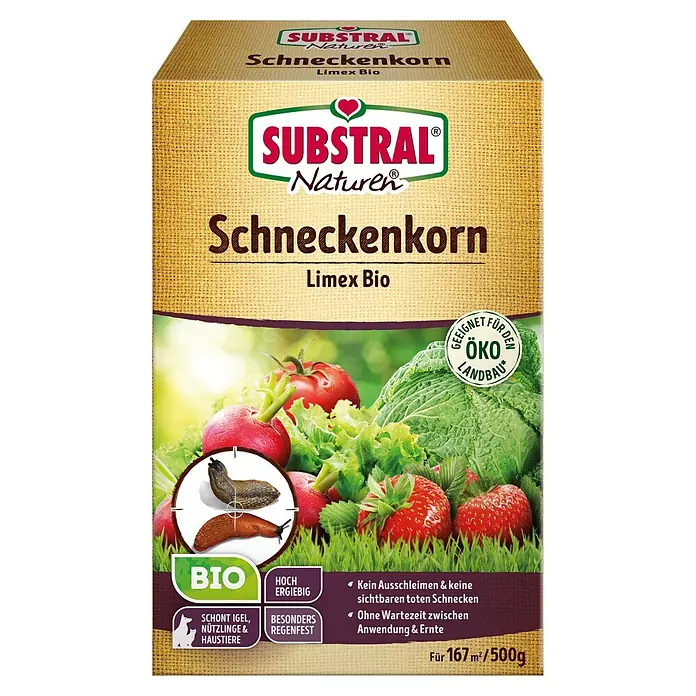 Substral Naturen Schneckenkorn Limex Bio - 500 g - Bild einer Packung Substral Naturen Schneckenkorn, einem biologischen Produkt zur Schneckenbekämpfung mit Gemüse im Hintergrund.