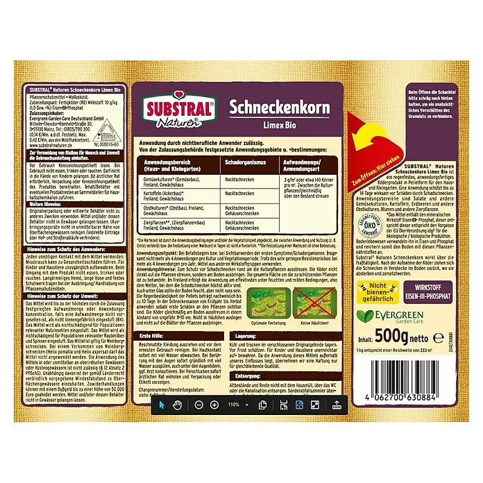 Substral Naturen Schneckenkorn Limex Bio - 500 g - Produktbild: Substral Naturen Schneckenkorn Limex Bio, ein Molluskizid zur Schneckenbekämpfung im Garten mit Eisen-III-Phosphat.