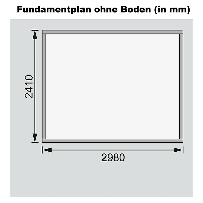 Karibu Gartenhaus Askola - Außenmaß inkl. Dachüberstand (B x T): 330 x 262 cm, Holz, Natur - Fundamentplan ohne Boden (in mm) mit den Maßen 2410 mm Höhe und 2980 mm Breite. Technische Zeichnung für Bauprojekte.