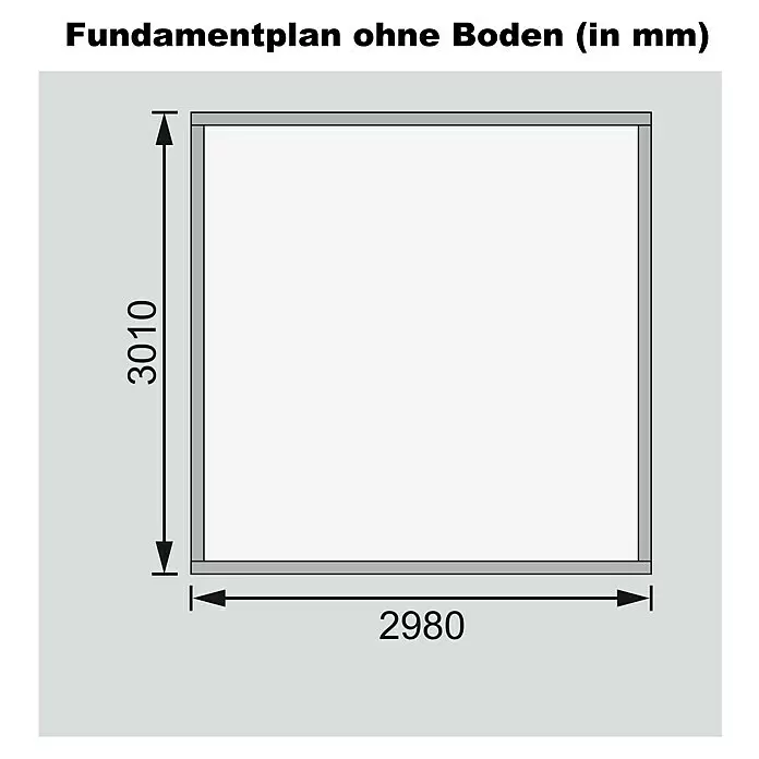 Karibu Gartenhaus Askola - Außenmaß inkl. Dachüberstand (B x T): 334 x 331 cm, Holz, Natur - Rechteckiger Fundamentplan mit Maßen: Breite 2980 mm, Tiefe 3010 mm.