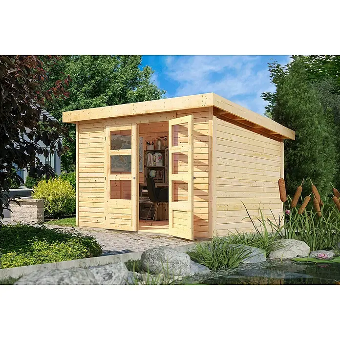 Karibu Gartenhaus Askola - Außenmaß inkl. Dachüberstand (B x T): 330 x 262 cm, Holz, Natur - Holzgartenhaus mit Doppeltür und Flachdach. Ideal als Büro oder Gästezimmer im Garten. Natürliches Design mit Teich im Vordergrund.