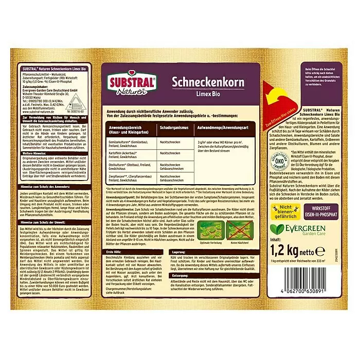 Substral Naturen Schneckenkorn Limex Bio - 1,2 kg - Schachtel SUBSTRAL Naturen Limex Bio Schneckenkorn, 1,2 kg, mit Wirkstoff Eisen-III-Phosphat und Bio-Landbau-Eignung.