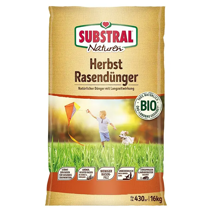 Substral Naturen Herbstrasendünger Bio - 16 kg, Max. Anwendungsfläche: 430 m² - Produktbild von Substral Naturen Herbst Rasendünger, einem natürlichen Langzeitdünger für einen gesunden Rasen im Herbst.