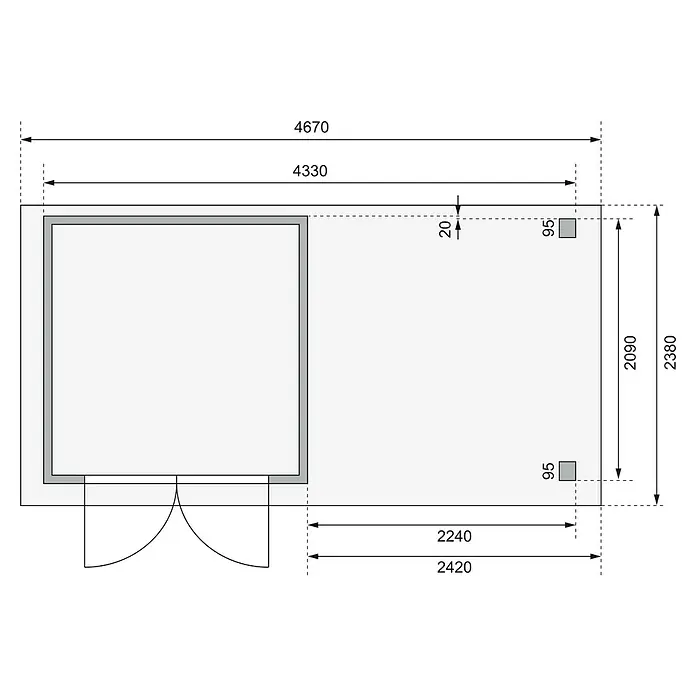 Karibu Gartenhaus Askola 2 - Außenmaß inkl. Dachüberstand (B x T): 467 x 238 cm, Holz, Terragrau, Mit Anbaudach - Grundrisszeichnung eines Hauses mit Bemaßungen für Architekten oder Bauherren. Die Darstellung umfasst alle wesentlichen Details.