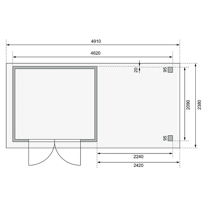 Karibu Gartenhaus Askola - Außenmaß inkl. Dachüberstand (B x T): 491 x 238 cm, Holz, Natur, Mit Anbaudach - Grundrisszeichnung eines Hauses mit Maßangaben, die die Abmessungen der Räume und Wände zeigen.\n